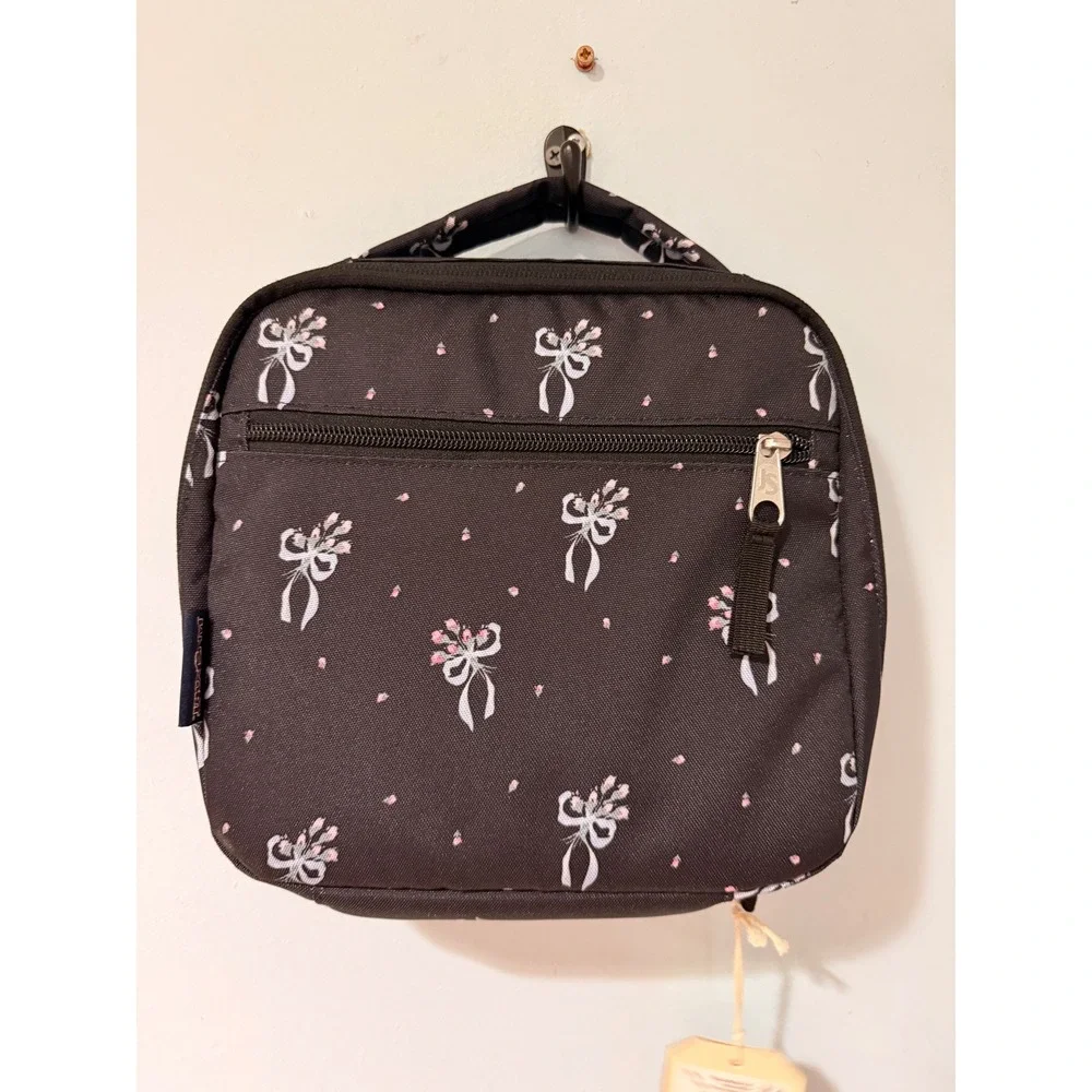 JanSport Lunch Break Insulated Lunch Bag Black Bows Pink Floral Coquette Print